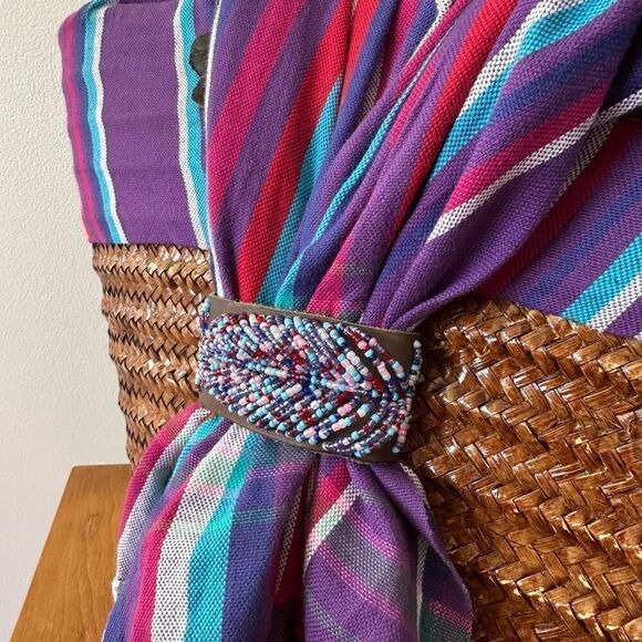 African Beaded Straw Bag Scarf Fringe Closure - Picture 6 of 16